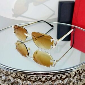 Luxury Rimless Round Cut Sunglasses Gradient Brown Lens Gold Frame High-Quality